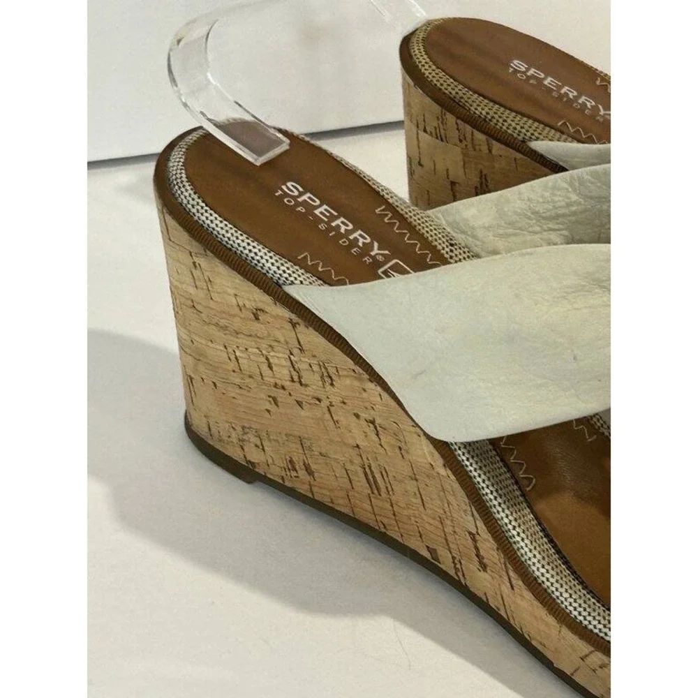 Sperry Top-Sider Womens White Ivory Leather Upper Cork Wedge Sandals Size 9